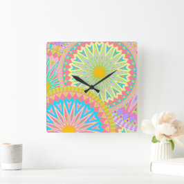 Relógio Quadrado Mandala Sobreposto Rosa Azul Amarelo Verde-Menta R