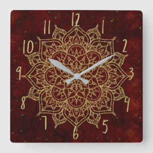 Relógio Quadrado Mandala Vermelho Vinho Fundo & Glamour Dourado Mod