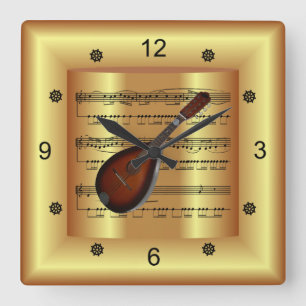 Relógio Quadrado Mandolin ~ Folhas Curvas Música ~ Dourado Fundo ~