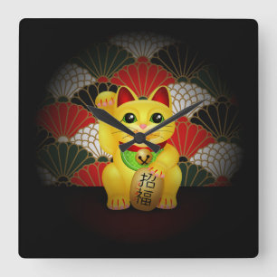 Relógio Quadrado Maneki cerâmico amarelo Neko
