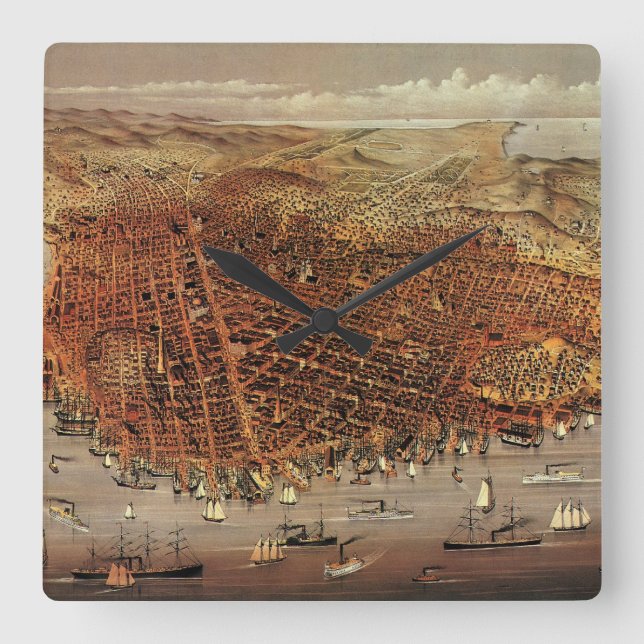 Relógio Quadrado Mapa Aéreo Antigo, Cidade de São Francisco, Califó (Frente)