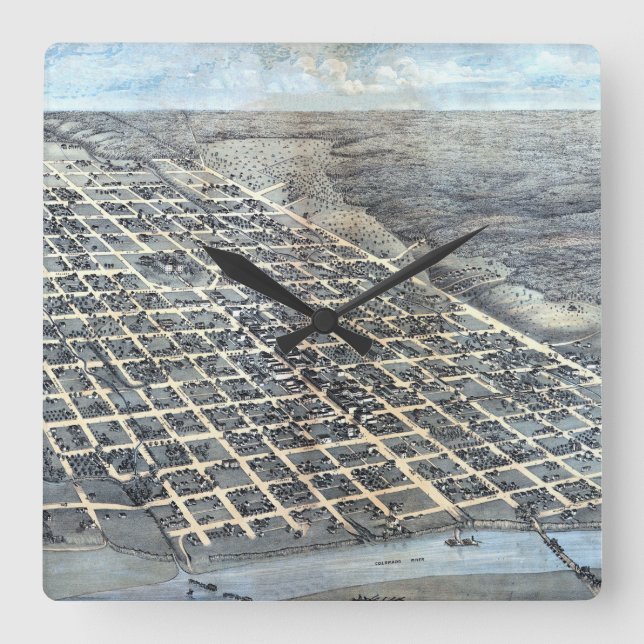 Relógio Quadrado Mapa aéreo antigo da cidade de Austin, Texas de 18 (Frente)