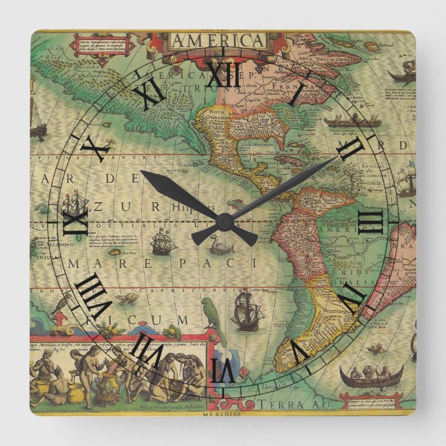 Relógio Quadrado Mapa antigo das Américas por Hondius (Frente)