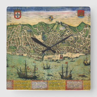 Relógio Quadrado Mapa antigo de Lisboa, Portugal por Braun/Hogenber