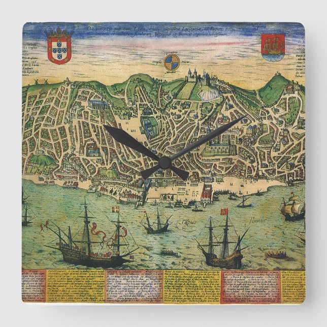 Relógio Quadrado Mapa antigo de Lisboa, Portugal por Braun/Hogenber (Frente)