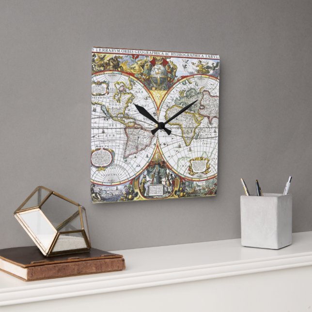 Relógio Quadrado Mapa antigo do mundo por Hendrik Hondius, 1630 (Escritório)