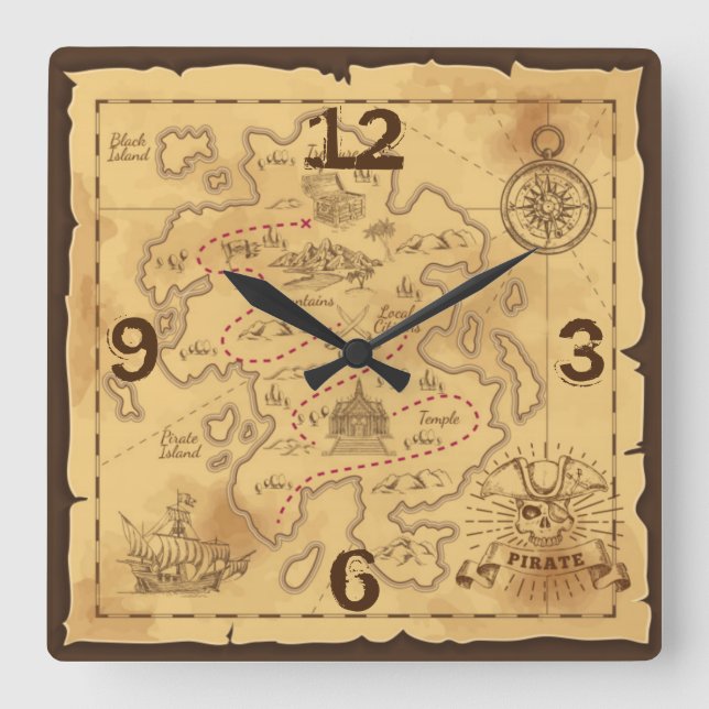 Relógio Quadrado Mapa antigo pirata (Frente)