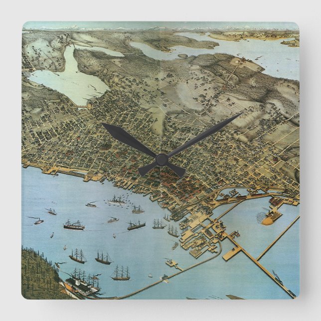 Relógio Quadrado Mapa Antigo Vista Aérea Cidade de Seattle Washingt (Frente)