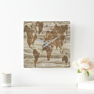 Relógio Quadrado Mapa castanho da impressão mundial