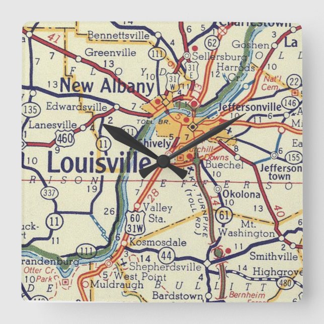 Relógio Quadrado Mapa Clássico do KY Louisville (Frente)