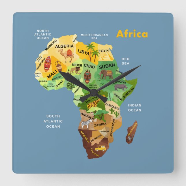 Relógio Quadrado Mapa da África (Frente)