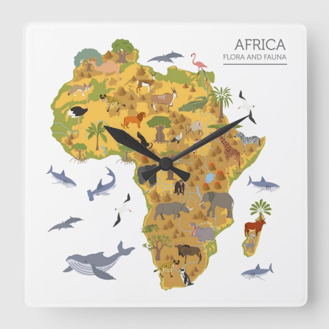 Relógio Quadrado Mapa da flora & da fauna de África | (Frente)
