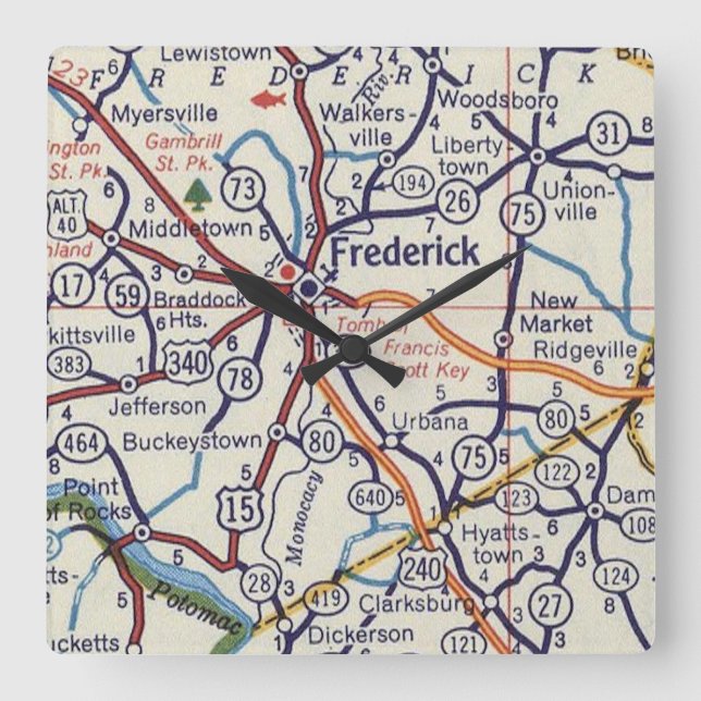 Relógio Quadrado Mapa da Imagem de Frederick Maryland (Frente)