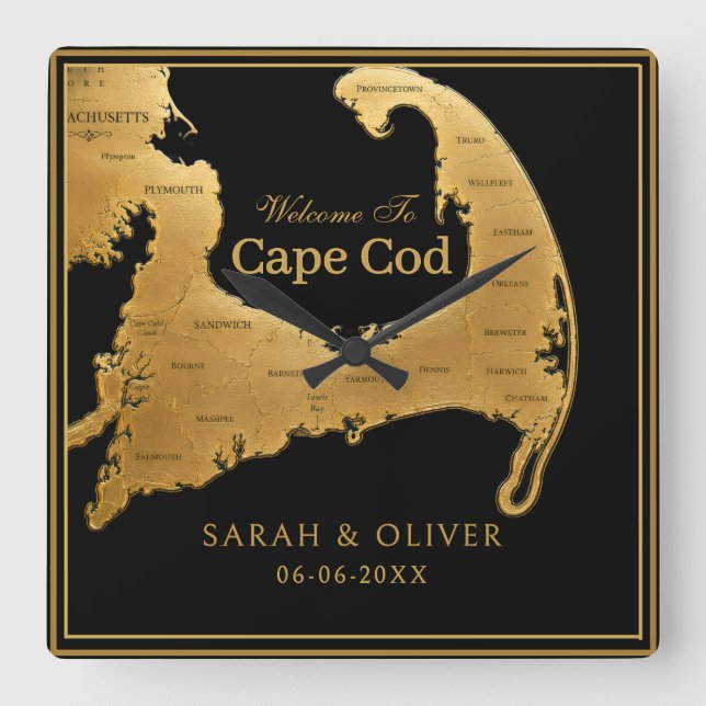 Relógio Quadrado Mapa de boas-vindas elegante de Cape Cod (Frente)