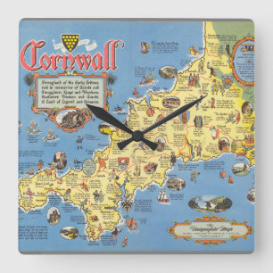 Relógio Quadrado Mapa de Cornwall, Inglaterra