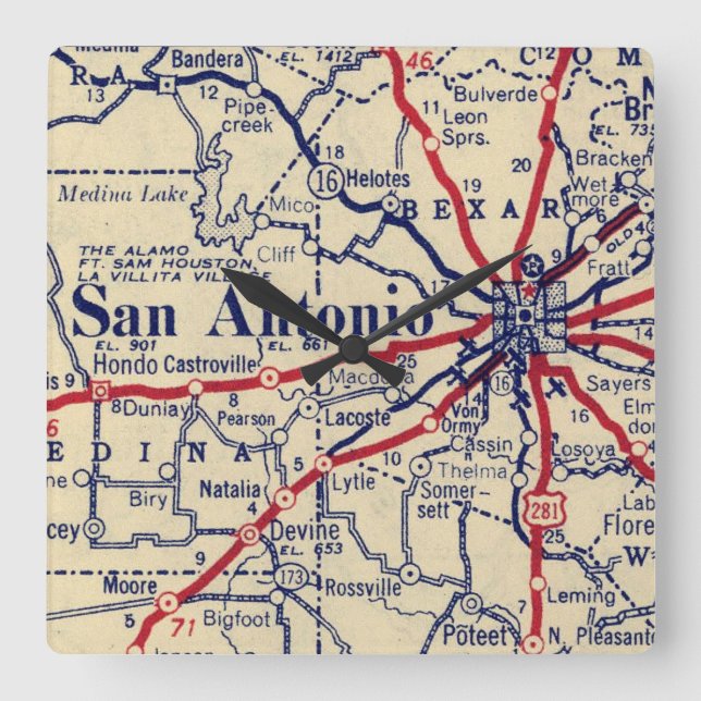 Relógio Quadrado Mapa de San Antonio Vintage (Frente)