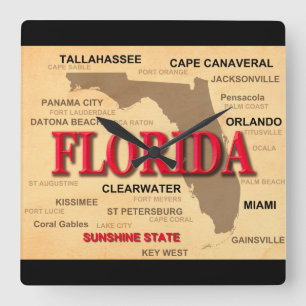 Relógio Quadrado Mapa do estado do Flórida, Miami, Orlando, Key