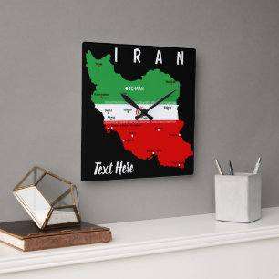 Relógio Quadrado Mapa do Irã com Bandeira e Emblema