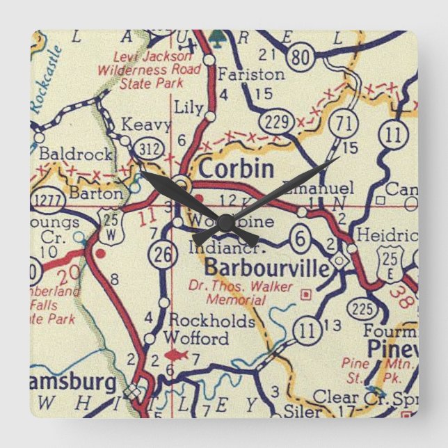 Relógio Quadrado Mapa do Vintage Barbourville (Frente)