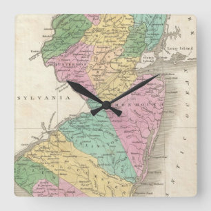 Relógio Quadrado Mapa do vintage de New-jersey (1827)