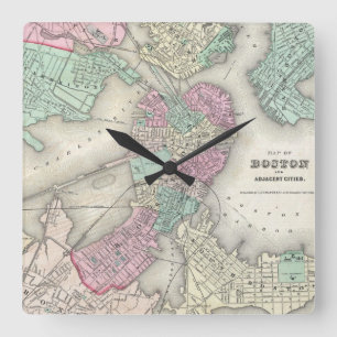 Relógio Quadrado Mapa do vintage do porto de Boston (1857)