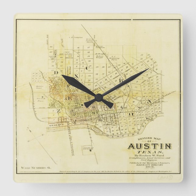 Relógio Quadrado Mapa histórico de Austin (Frente)