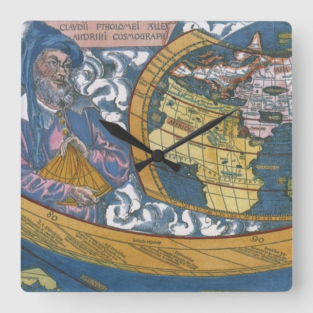 Relógio Quadrado Mapa Mundial Antigo com Claudius Ptolemy, 1507 (Frente)