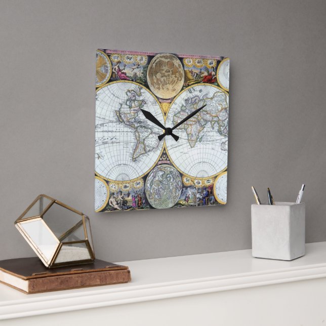 Relógio Quadrado Mapa Mundial Antiquado, Atlas Maritimus por John S (Escritório)