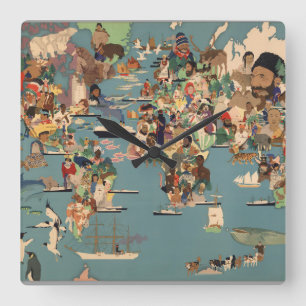 Relógio Quadrado Mapa pictórico do mundo