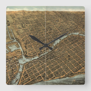 Relógio Quadrado Mapa pictórico do vintage de Milwaukee (1872)