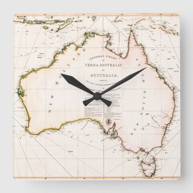 Relógio Quadrado Mapa Terra Australis 1814 (Frente)