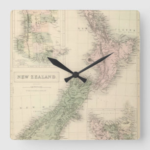 Relógio Quadrado Mapa Vintage da Nova Zelândia (1854)