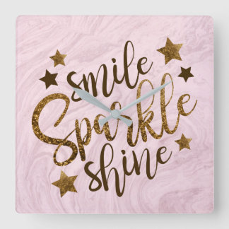 Relógio Quadrado Marble Abstract Pink Motivational Gold Glitter
