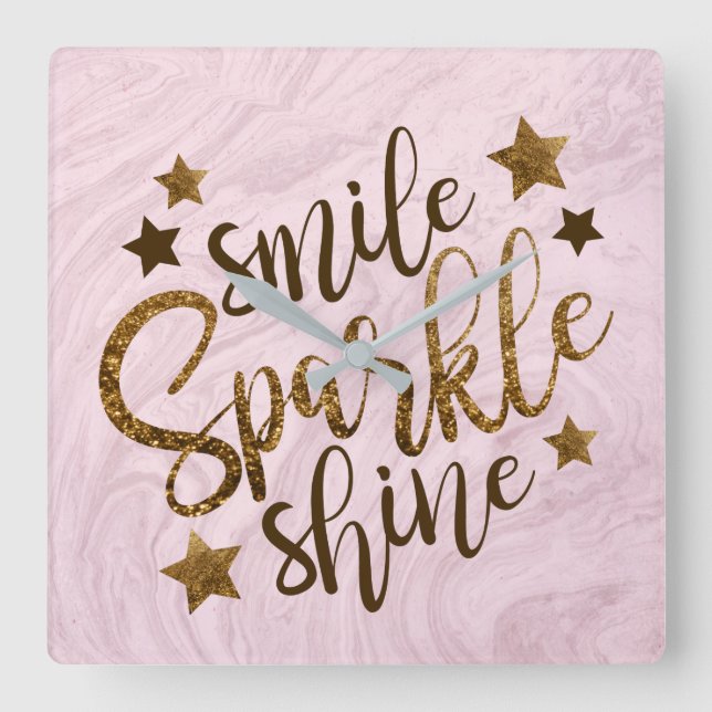 Relógio Quadrado Marble Abstract Pink Motivational Gold Glitter (Frente)