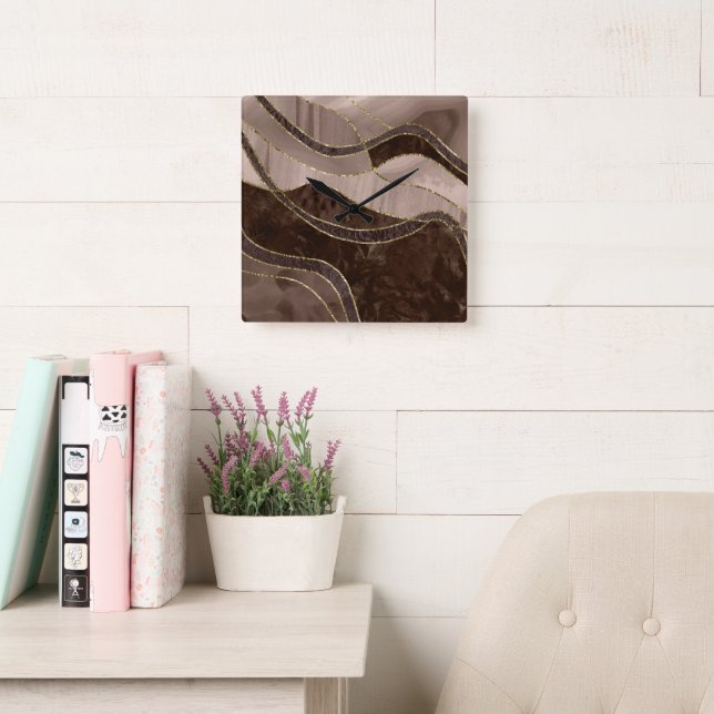 Relógio Quadrado Marble Agate Gold Glam 4 - landscape (Sala de leitura)