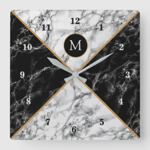 Relógio Quadrado Marble de Verificação Preto e Branco da Tendênc