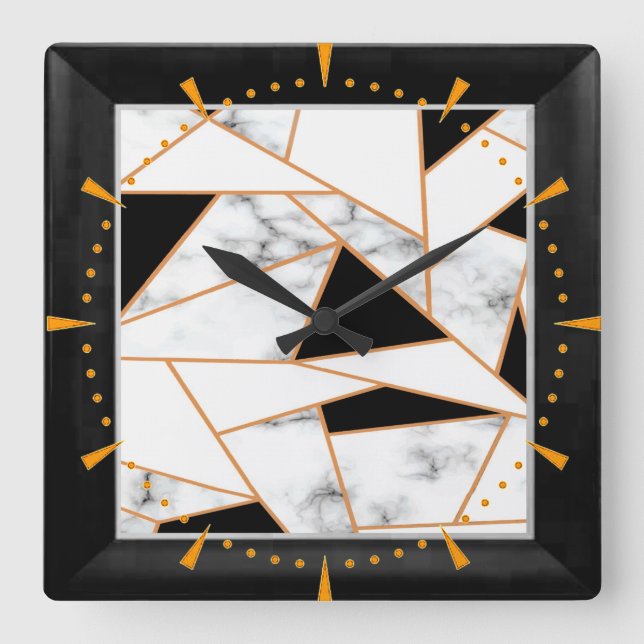 Relógio Quadrado Marble Geométrico Branco em ouro, preto (Frente)