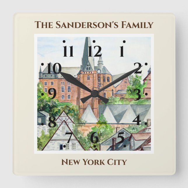 Relógio Quadrado Marburg Altstadt Alemanha Townscape Painting (Frente)