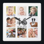 Relógio Quadrado marco de 16 anos personalizado da colagem de fotos<br><div class="desc">Um relógio de parede como presente para um doce aniversário de 16, 16 anos para uma garota, celebrando sua vida com uma colagem de 8 fotos suas. Personalize e adicione um nome, 16 anos e uma data. Data de nascimento ou data do aniversário. Letras pretas e cinzas coloridas. Um fundo...</div>