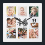 Relógio Quadrado marco de 16 anos personalizado da colagem de fotos<br><div class="desc">Um relógio de parede como presente para um doce aniversário de 16, 16 anos para uma garota, celebrando sua vida com uma colagem de 8 fotos suas. Personalize e adicione um nome, 16 anos e uma data. Data de nascimento ou data do aniversário. Letras pretas e cinzas coloridas. Um fundo...</div>