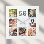 Relógio Quadrado Marco de colagem de fotos da família personalizada<br><div class="desc">Um relógio de parede como presente para um aniversário de 50 anos (ou qualquer idade) para uma mulher, celebrando sua vida com uma colagem de 7 fotos suas. Personalize e adicione um nome, 50 anos e uma data. Data de nascimento ou data do aniversário. Letras pretas e cinzas coloridas. Um...</div>