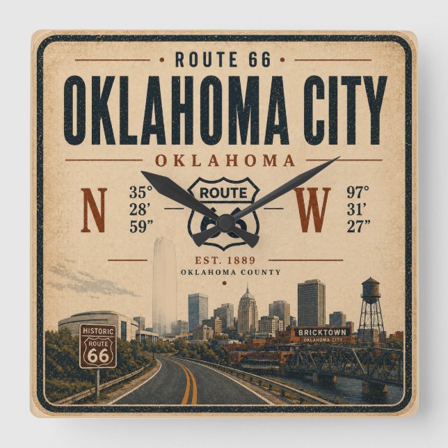 Relógio Quadrado Marco de Rota 66 da Cidade de Oklahoma (Frente)