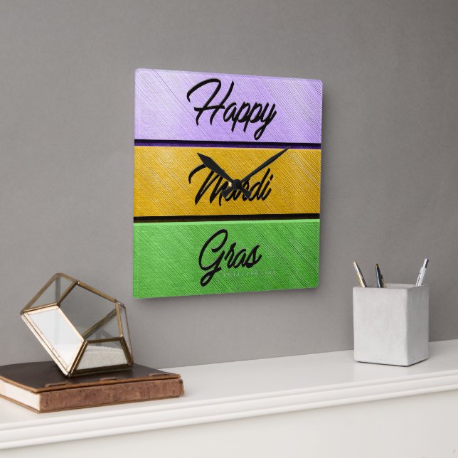 Relógio Quadrado Mardi Gras roxo de ouro verde s (Escritório)