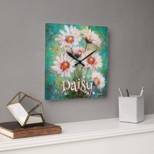 Relógio Quadrado Margaridas Floral Impressionista Azul Personalizad