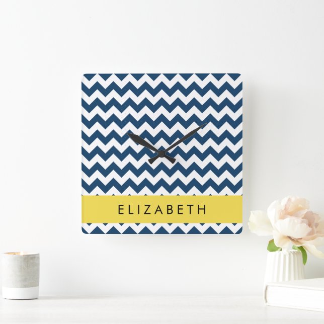 Relógio Quadrado Marinho Azul Zigzag, Marinho Blue Chevron, Seu Nom (Lar)