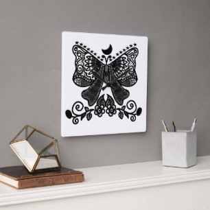 Relógio Quadrado Mariposa Luna Mística   Arte de Inseto Gótico Cele