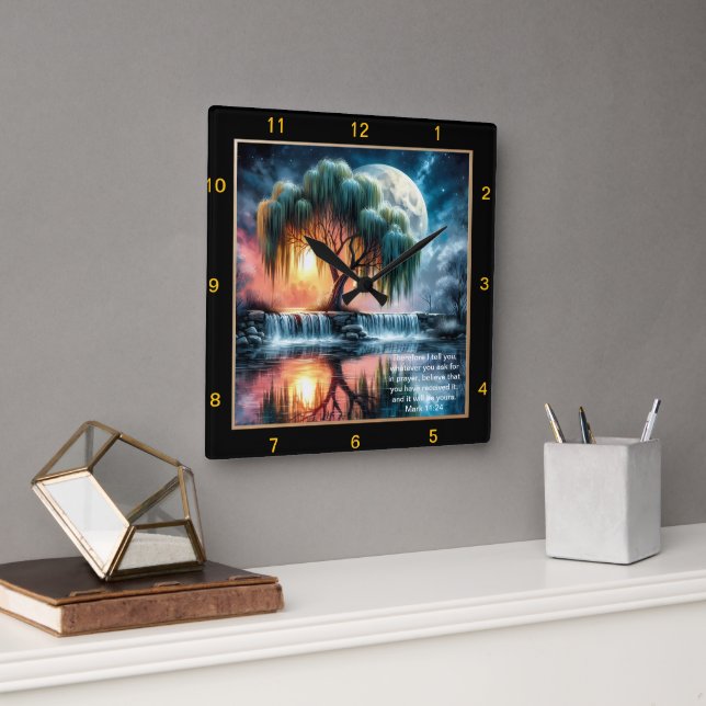 Relógio Quadrado Mark 11:24 Peace Clock: Presente Personalizado de  (Escritório)