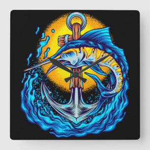 Relógio Quadrado Marlin Fish com Âncora