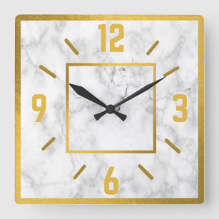 Relógio Quadrado Mármaco Branco E Dourado Clássico