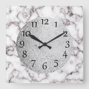 Relógio Quadrado Mármore Branco Elegante e Cinza com Prata
